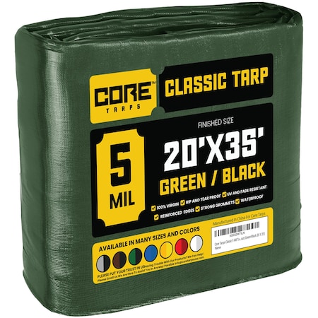 Core Tarps Tarp, 35 ft L x 0.5 mm H x 20 ft W, 5 Mil, Green/Black, Polyethylene CT-503-20X35